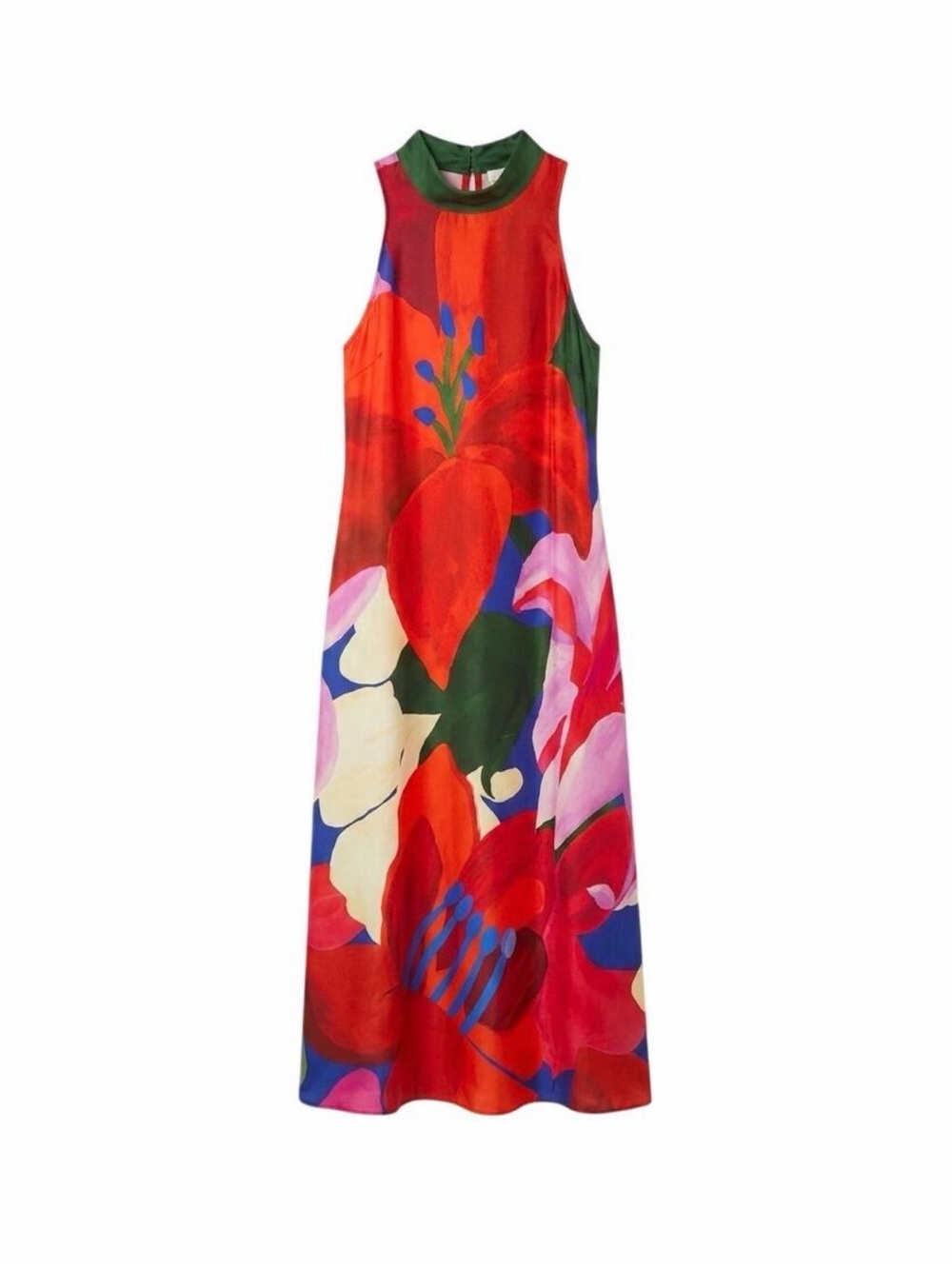 FARM Rio Red Floral Midi Dress with Green Trim